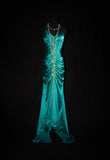 Niulatu Mermaid Halter Satin Beaded Long Prom Dress Retro V-neck Rhinestone Evening Gown HZ1103