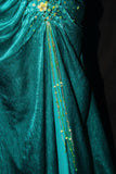 Niulatu Mermaid Halter Satin Beaded Long Prom Dress Retro V-neck Rhinestone Evening Gown HZ1103