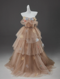 Niulatu A-Line Off Shoulder Tulle Sequin Long Ball Dress Cute Layered Dress HZ1103