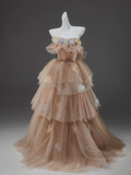 Niulatu A-Line Off Shoulder Tulle Sequin Long Ball Dress Cute Layered Dress HZ1103