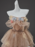 Niulatu A-Line Off Shoulder Tulle Sequin Long Ball Dress Cute Layered Dress HZ1103