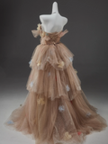 Niulatu A-Line Off Shoulder Tulle Sequin Long Ball Dress Cute Layered Dress HZ1103