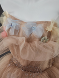 Niulatu A-Line Off Shoulder Tulle Sequin Long Ball Dress Cute Layered Dress HZ1103