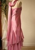 Niulatu A-line Pink Spaghetti Strap Satin Applique Retro Prom Dress Birthday Party Dress HZ1103