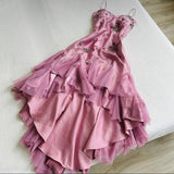 Niulatu A-line Pink Spaghetti Strap Satin Applique Retro Prom Dress Birthday Party Dress HZ1103