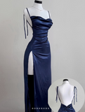 Niulatu Blue Spaghetti Strap Bodycon Satin Elegant Prom Dresses Backless Party Dresses HZ1026