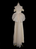 Niulatu Yellow A-line Satin Off-shoulder Tulle Long Prom Dress Graduation Prom Dress Wedding Dress HZ1103