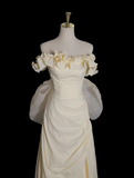 Niulatu Yellow A-line Satin Off-shoulder Tulle Long Prom Dress Graduation Prom Dress Wedding Dress HZ1103