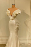 Niulatu White Mermaid V-neck Satin Pearl Ruffle Long Prom Dress Elegant Evening Dress HZ1103