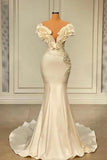 Niulatu White Mermaid V-neck Satin Pearl Ruffle Long Prom Dress Elegant Evening Dress HZ1103