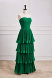 Niulatu Green A-line Chiffon Strapless Layers Long Prom Dress Formal Evening Dress HZ1103