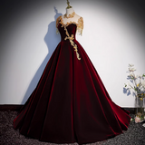 Niulatu A-line Velvet Beaded Sequined Long Prom Dress with Gold Appliques Formal Evening Gown HZ1103