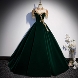 Niulatu A-line Velvet Beaded Sequined Long Prom Dress with Gold Appliques Formal Evening Gown HZ1103