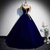 Niulatu A-line Velvet Beaded Sequined Long Prom Dress with Gold Appliques Formal Evening Gown HZ1103