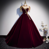 Niulatu A-line Velvet Beaded Sequined Long Prom Dress with Gold Appliques Formal Evening Gown HZ1103
