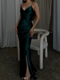 Niulatu Dark Green Mermaid Spaghetti Strap Satin Long Prom Dress HZ1103