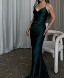 Niulatu Dark Green Mermaid Spaghetti Strap Satin Long Prom Dress HZ1103
