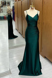 Niulatu Dark Green Mermaid Spaghetti Strap Satin Long Prom Dress HZ1103