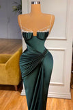 Niulatu Green Mermaid Spaghetti-Straps Satin Long Prom Dress With Beadings HZ1103