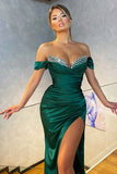 Niulatu Green Mermaid Off-the-shoulder Sparkle Beaded Long Prom Dress with Slit HZ1103