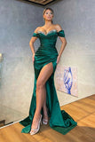 Niulatu Green Mermaid Off-the-shoulder Sparkle Beaded Long Prom Dress with Slit HZ1103