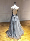 Niulatu A-line Halter Tulle Appliques Long Prom Dress Backless Formal Evening HZ1103