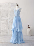 Niulatu Blue A-line V Neck Applique Chiffon Long Prom Dress Lace Spaghetti Strap Bridesmaid Dress HZ1103
