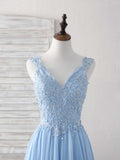 Niulatu Blue A-line V Neck Applique Chiffon Long Prom Dress Lace Spaghetti Strap Bridesmaid Dress HZ1103