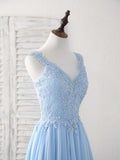 Niulatu Blue A-line V Neck Applique Chiffon Long Prom Dress Lace Spaghetti Strap Bridesmaid Dress HZ1103