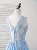 Niulatu Blue A-line V Neck Applique Chiffon Long Prom Dress Lace Spaghetti Strap Bridesmaid Dress HZ1103