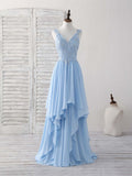 Niulatu Blue A-line V Neck Applique Chiffon Long Prom Dress Lace Spaghetti Strap Bridesmaid Dress HZ1103