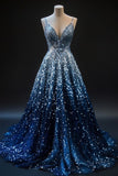 Niulatu Blue A-line Spaghetti Straps Sequins Long Prom Dress V-neck Evening Gown HZ1103