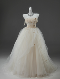 Niulatu A-line Straps Tulle Long Prom Dress Simple Applique Wedding Dress HZ1103