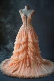 Niulatu Pastel Orange Mermaid V-neck Tulle Applique Long Prom Dress Sweet Beaded Formal Evening Dress HZ1103