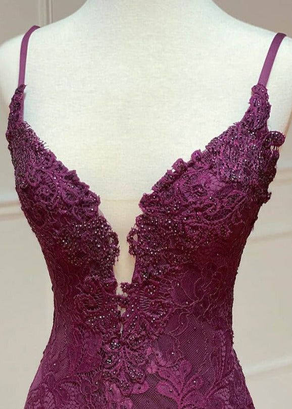 Niulatu Mermaid Formal Dresses Under $170?? Charming Grape Spaghetti Straps Applique Long Backless Prom Dress With Slit HZ1026