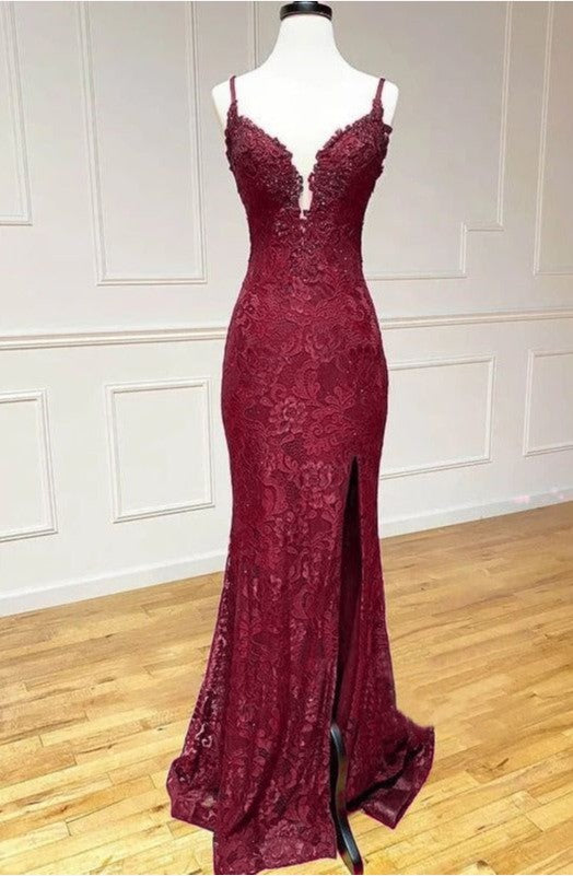 Niulatu Mermaid Formal Dresses Under $170?? Charming Grape Spaghetti Straps Applique Long Backless Prom Dress With Slit HZ1026