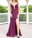 Niulatu Mermaid Formal Dresses Under $170?? Charming Grape Spaghetti Straps Applique Long Backless Prom Dress With Slit HZ1026