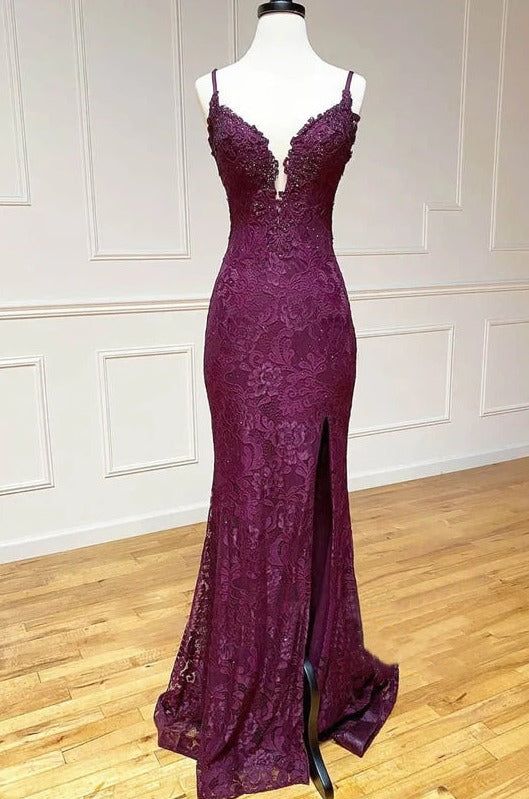 Niulatu Mermaid Formal Dresses Under $170?? Charming Grape Spaghetti Straps Applique Long Backless Prom Dress With Slit HZ1026