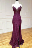 Niulatu Mermaid Formal Dresses Under $170?? Charming Grape Spaghetti Straps Applique Long Backless Prom Dress With Slit HZ1026