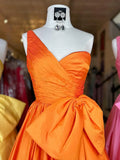 Niulatu one shoulder satin long prom dress with bow HZ1103