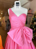 Niulatu one shoulder satin long prom dress with bow HZ1103