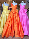 Niulatu one shoulder satin long prom dress with bow HZ1103