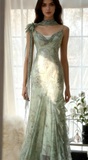 Niulatu Green Mermaid Formal Dresses Beaded Chiffon Open Back Long Prom Dresses Spaghetti Straps Guest Dresses HZ1103