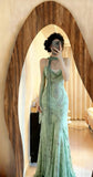 Niulatu Green Mermaid Formal Dresses Beaded Chiffon Open Back Long Prom Dresses Spaghetti Straps Guest Dresses HZ1103