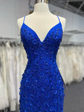 Niulatu V Neck Royal Blue Beade Applique Tulle Long Prom Dress, Evening Dress HZ1103