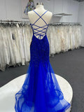 Niulatu V Neck Royal Blue Beade Applique Tulle Long Prom Dress, Evening Dress HZ1103