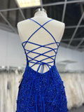 Niulatu V Neck Royal Blue Beade Applique Tulle Long Prom Dress, Evening Dress HZ1103