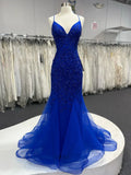 Niulatu V Neck Royal Blue Beade Applique Tulle Long Prom Dress, Evening Dress HZ1103