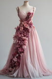 Niulatu Pink A-line Sweetheart Neck Tulle Long Prom Dress 3D Applique Wedding Dress HZ1103