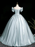 Niulatu V Neck Satin Blue Long Prom Dress, Blue Long Formal Dress HZ1103